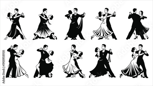 Elegant Ballroom Dance Silhouettes. Vector illustration of dancers in motion with dresses and tuxedos