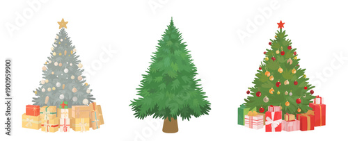 Schilderij op canvas Cartoon Christmas tree with garland, balls, toys and presents