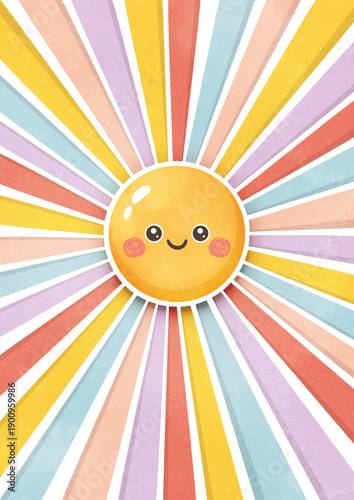 Cute Smiling Sun with Colorful Rainbow Rays Illustration. Boho sun. Nursery Art. whimsical sun illustration. You are my sunshine