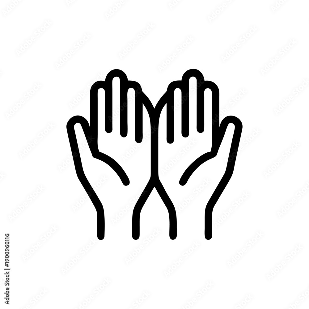 Obraz premium Black silhouette vector illustration of a human hand in the form of a heart symbol showing the palm and fingers as a concept of care and help