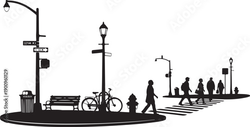 City street scene with people walking and bicycle parking