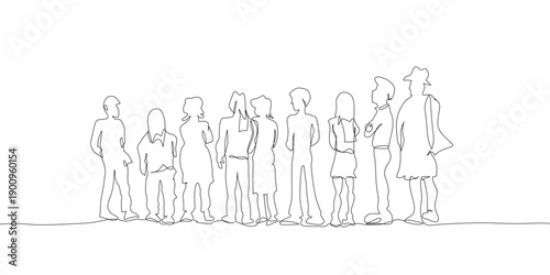 Minimal continuous one line illustration of a diverse group of people standing in a queue, representing waiting, crowd, social order, and everyday urban life in a clean line art style. Editable stroke