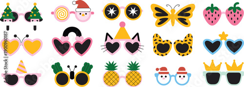 Cute novelty sunglasses set, colorful cartoon glasses shapes with fruits, animals, hearts, crowns, festive, vector collection