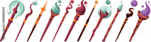 Fantasy magic wands set, colorful mystical staffs with smoke, bubbles, sparks, cartoon vector illustration collection elements
