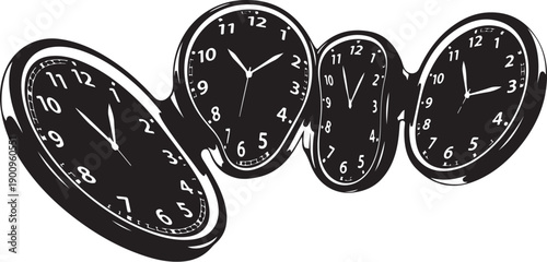 Multiple black clocks showing different times in a row