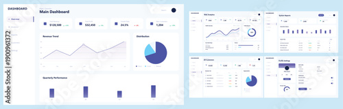 Business analytics dashboard ui kit with modern corporate data visualization blue graphs and charts on white background professional financial analysis and reporting tool