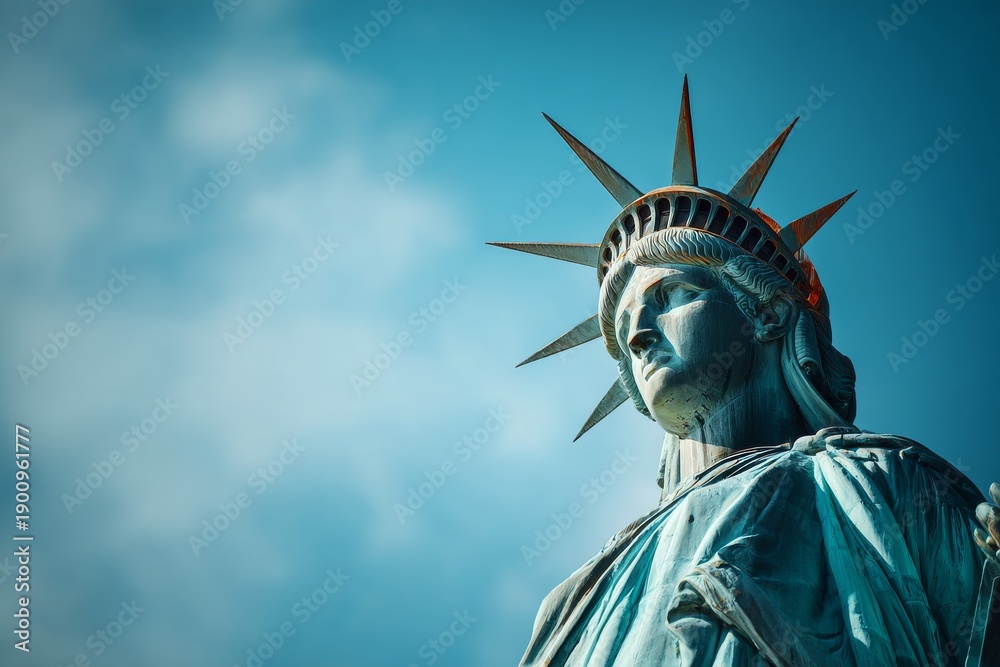 Fototapeta premium Statue of Liberty close up portrait against blue sky
