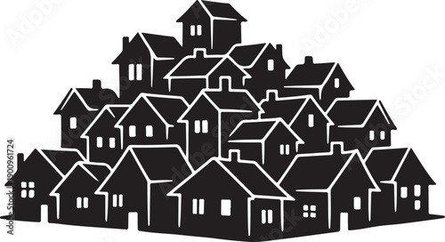 Black and white illustration of a housing community neighborhood