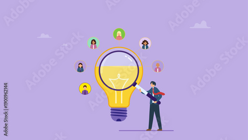 Businessman magnify lightbulb capacity plan. Capacity planning, resource management or efficiency analysis, demand provisioning, redundancy or utilization forecast, resource allocation.