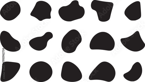 liquid shape blobs in different style collections. Abstract black irregular blob shapes set. Random blob circles, liquid organic amoeba, different drops in modern style on Transparent background
