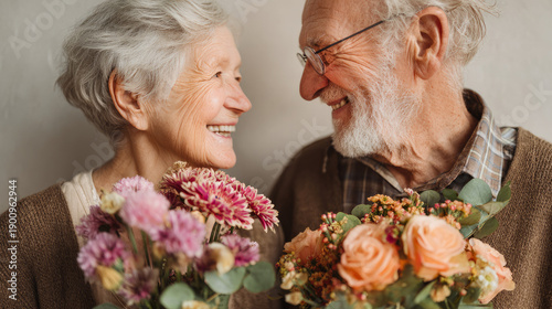 In celebration of their anniversary or love, a devoted elderly couple is grinning at one another while holding lovely bouquets of flowers.