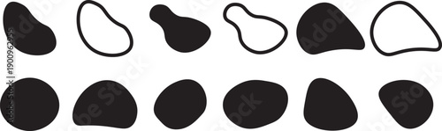 liquid shape blobs in different style collections. Abstract black irregular blob shapes set. Random blob circles, liquid organic amoeba, different drops in modern style on Transparent background
