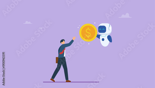 AI robot giving dollar money to businessman. Artificial intelligence AI make money, data licensing resource for AI training payment, automation investment, robot trading or banking.