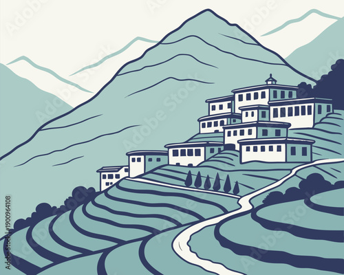 traditional tibetan village on mountain side