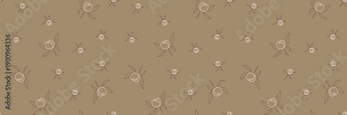 Seamless vector pattern with minimal rose buds and leaves outlined in brown on a warm beige background. Elegant botanical design for textiles, packaging, and stationery