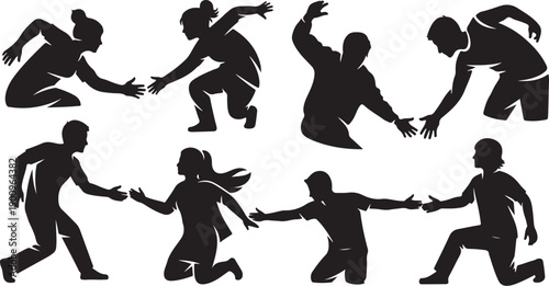 Silhouettes of people running and helping each other
