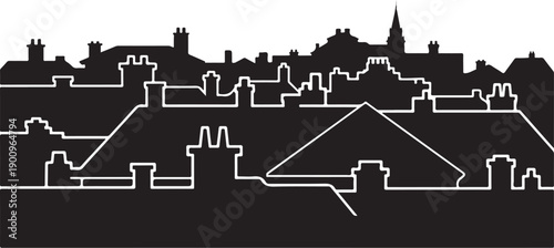 City Skyline Silhouette with White Outline at Nighttime