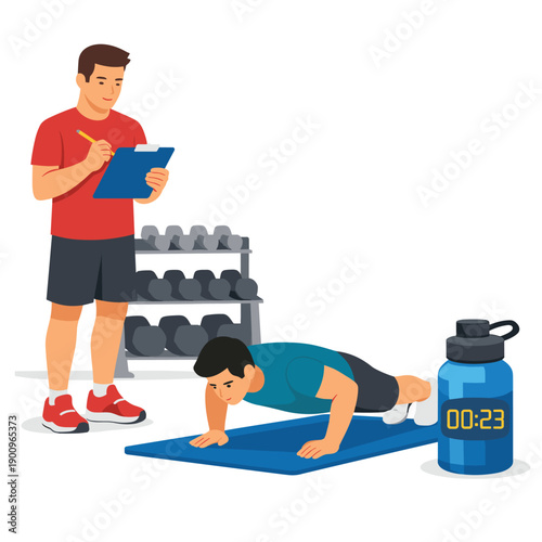 Fitness trainer coaching a man doing push-ups