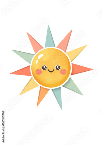 Cute Smiling Sun with Colorful Rainbow Rays Illustration. Boho sun. Nursery Art. whimsical sun illustration. You are my sunshine