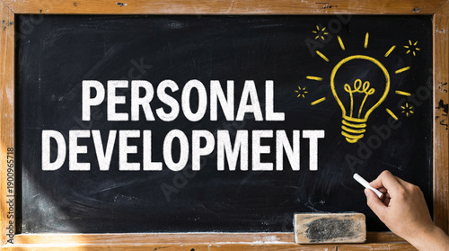 A hand writes on a chalkboard with a lightbulb and the words personal development.