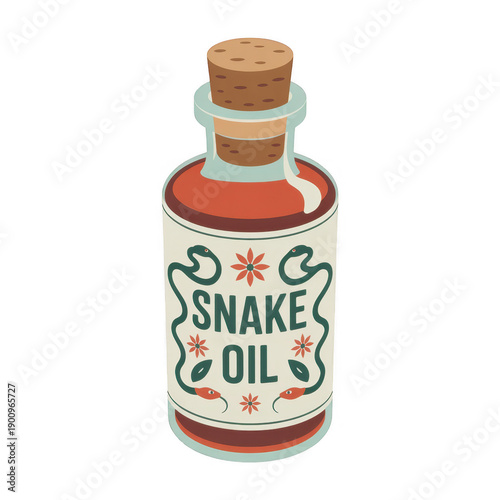 Red snake oil bottle with cork and label red liquid isolated on a transparent background
