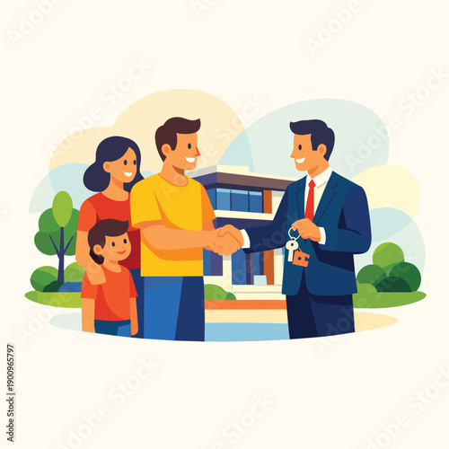 Happy family receiving keys from real estate agent