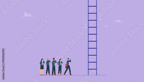 Diverse business people line up to climb corporate career ladder of success. Climbing corporate ladder, job promotion or career growth, ladder of success, opportunity or challenge to grow career.