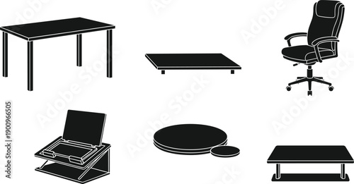 Furniture silhouette set with tables chair platforms and laptop stand, black vector icons for interior layout and product display design