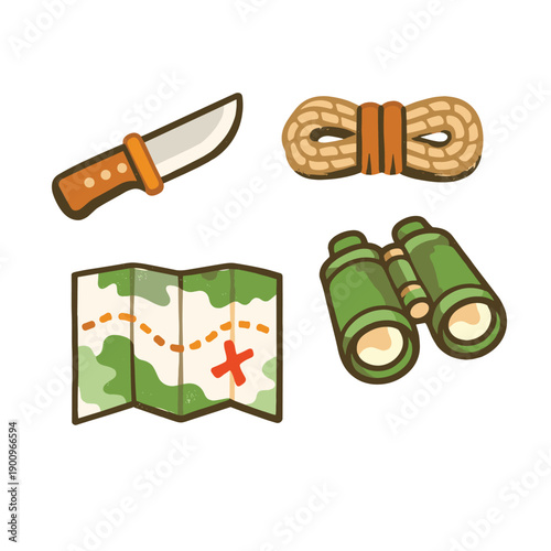 Camping tools collection with knife and map