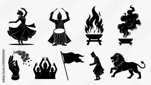 Maha Ashtami vector design elements showing silhouettes of Indian festival culture with dhak player, classical dancer, havan fire, flower offering, and lion vehicle of Goddess Durga.
