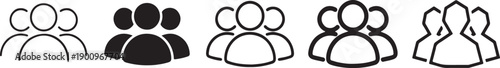 Five different styles of a group of three people icon, showcasing variations for user interface design and community representation.