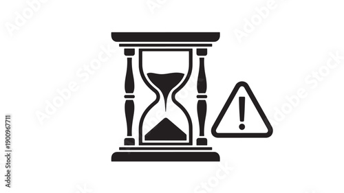 Hourglass warning icon with exclamation mark triangle, deadline alert symbol for time running out, countdown timer, urgency notification, black silhouette vector