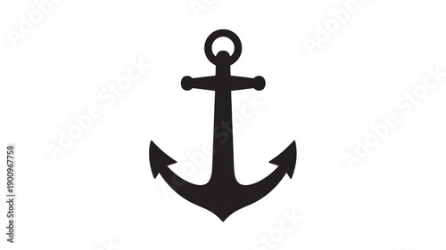 Anchor nautical silhouette icon in black on white background, simple marine symbol for sailing, maritime logo, ship navigation emblem, minimal vector style