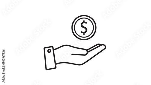 Hand holding coin icon with dollar sign in minimal line style, black outline financial symbol for payment, savings, donation, banking, profit and funding