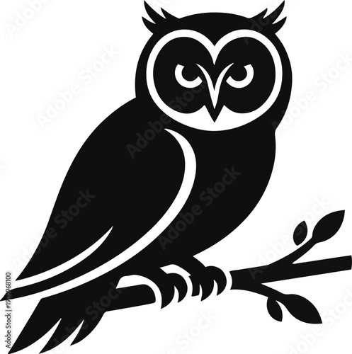 Stylized Black owl perched on branch with elegant design