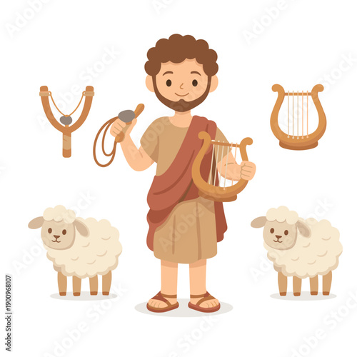Biblical character with sheep and musical instruments
