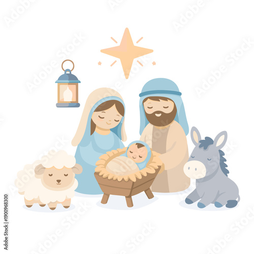 Illustration of nativity scene with family and animals