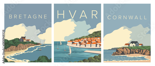 A set of travel posters, Hvar, Bretagne, Cornwall