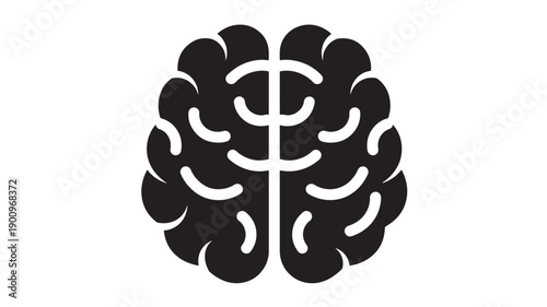 Brain icon silhouette with minimalist flat design, black glyph symbol for neuroscience, intelligence, cognition and mental health, isolated on white background