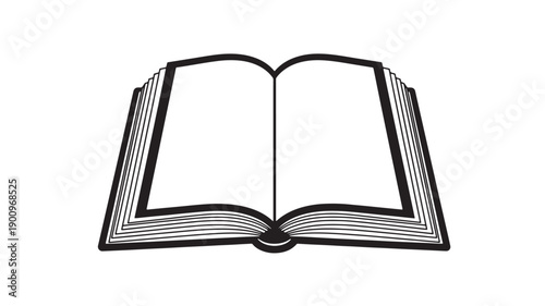 Book open icon in black and white silhouette style with outlined pages, minimal clipart illustration for education, library, reading, textbook, and document design
