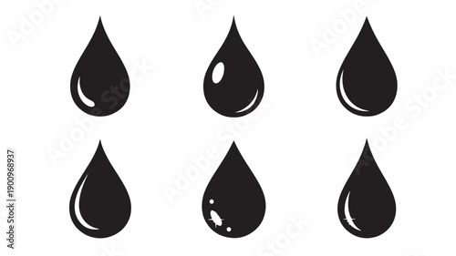 Water drops icon set with black glossy teardrop silhouettes, minimal flat vector symbols for liquid, oil, ink and rain, isolated on white background featuring droplet, raindrop, shine with reflection