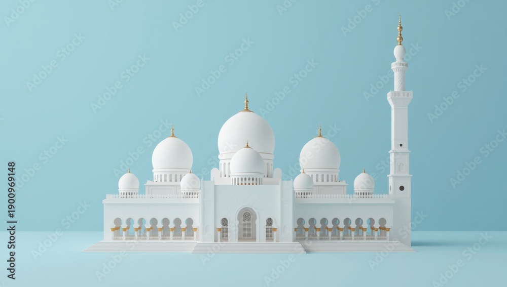 Obraz premium White mosque model with gold accents on light blue background miniature model domes