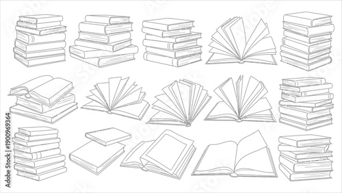Monochrome Book Stack Icons. Isometric line illustrations for education, journals, and planners
