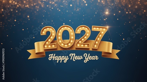 Elegant Gold 2027 New Year Celebration Design with Sparkling Stars and Festive Ribbon on Dark Blue Background