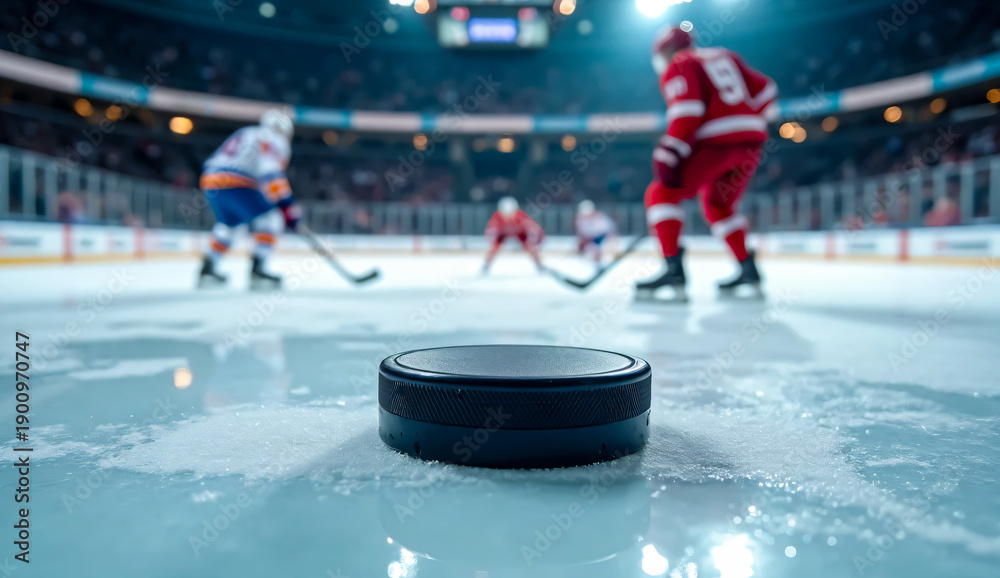 Fototapeta premium Close-up of a hockey puck on the ice during an exciting professional game. Blurred players in action emphasize the competitive spirit and thrill of the sport