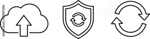 Clean line art icons for digital solutions, showcasing cloud data upload, robust cybersecurity, and continuous data synchronization. Essential for modern tech interfaces and online services