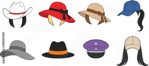 Vector Illustration Set of Diverse Women Fashion Hats and Hairstyles Including Cowboy Hat Sun Hats Baseball Caps and Elegant Fedora With Ribbons