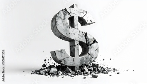 Large dollar sign made of cracked and crumbling stone or concrete, breaking apart with fragments and debris scattered around its base, symbolizing fragility and collapse.