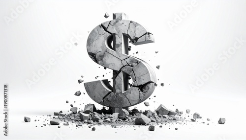 Large dollar sign made of cracked and crumbling stone or concrete, breaking apart with fragments and debris scattered around its base, symbolizing fragility and collapse.
