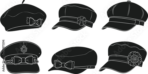 Vector Illustration Set of Women Fashion Hats Including Elegant Berets and Newsboy Caps With Decorative Bows and Flower Accents Isolated on White